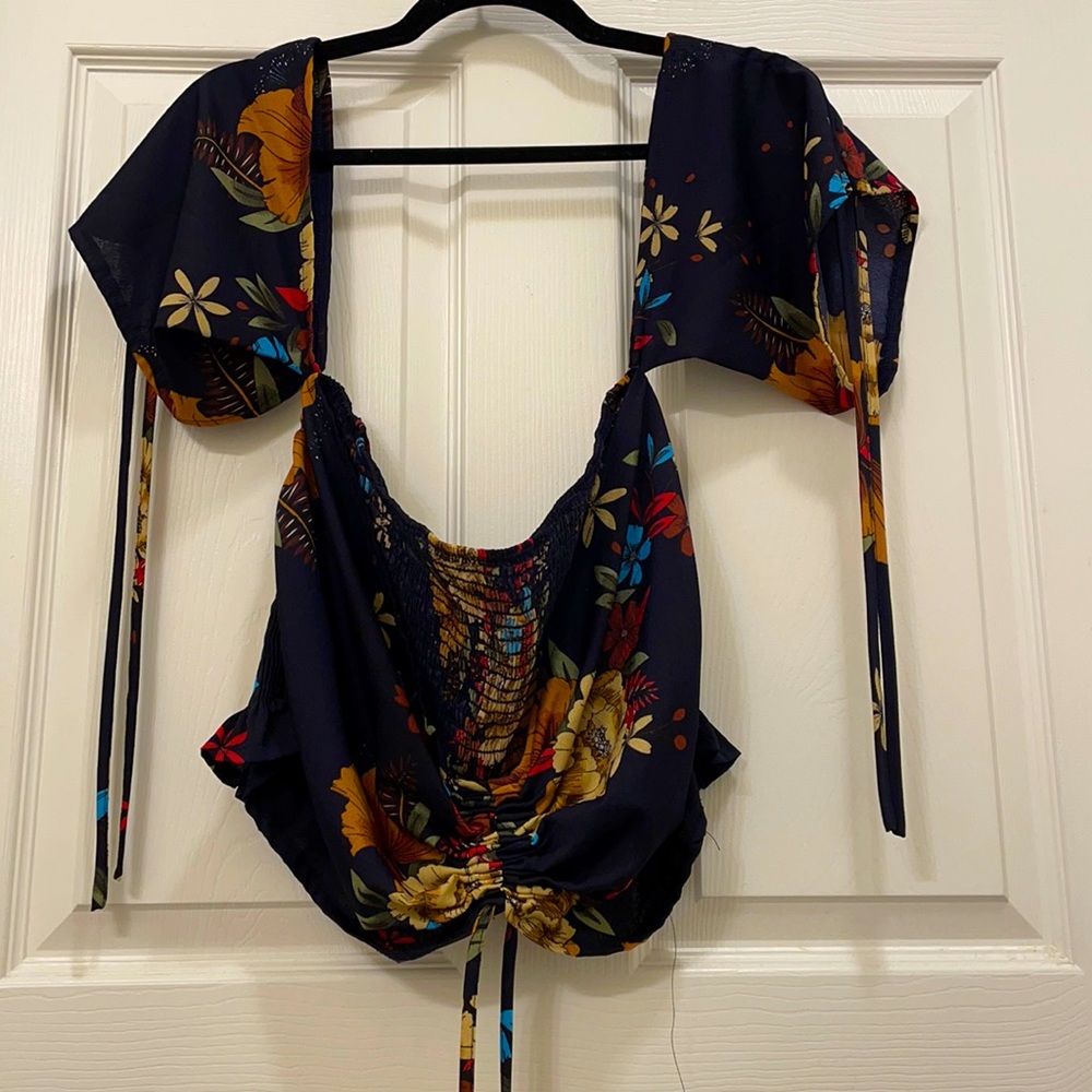 Navy and floral bandeau top with tie front